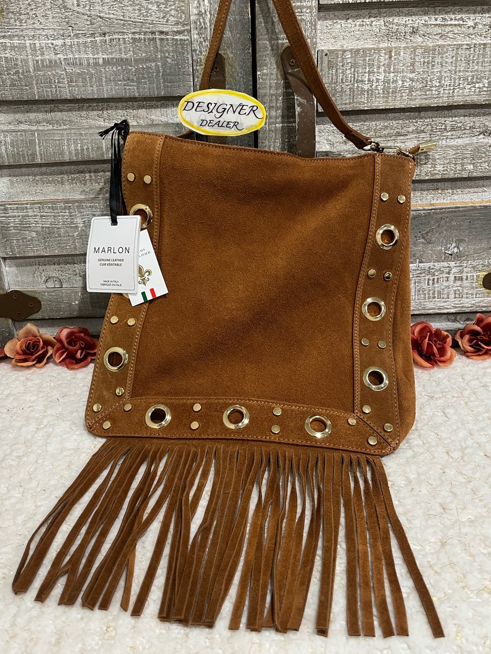 Marlon Genuine Suede Brown Leather Fringe Studded Crossbody NWT Made In Italy 🇮🇹